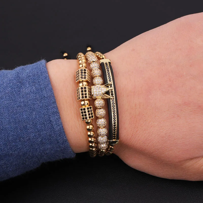 3pc/set Men Luxury CZ Crown Braided Micro Pave Cubic Zirconia Stainless Steel Beads Charm Bracelet Jewelry for Women Men - Image 6