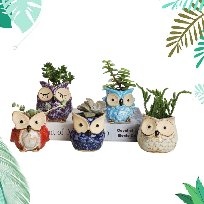 

5Pcs Mini Ceramic Owl Shape Flowerpots Suits Retro Cute Cartoon Sheep Animal Succulents Pot DIY Home Garden Office Desktop Decor