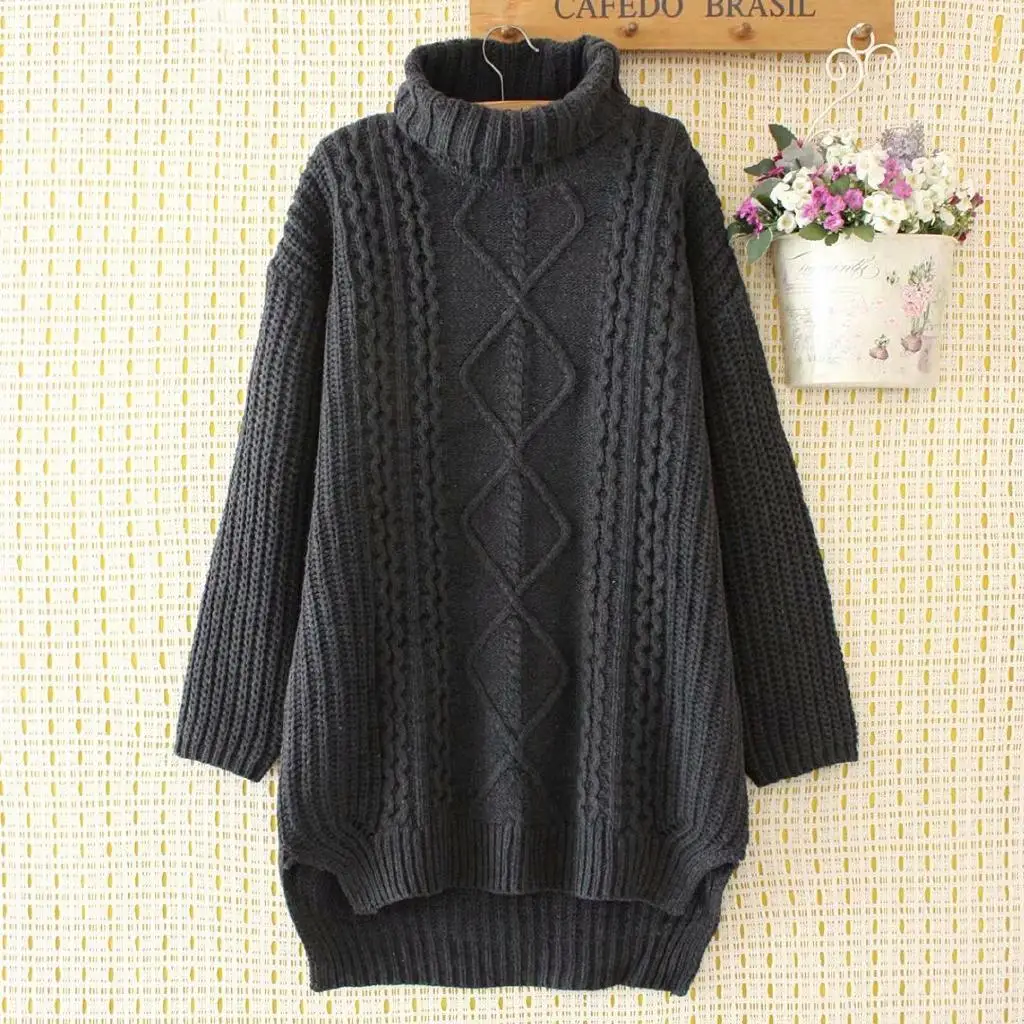 Grey Женские свитера размера плюс 2XL-4XL с высоким воротником, толстая Длинная зимняя верхняя одежда, повседневные топы - Цвет: Grey