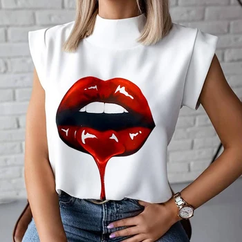 Fashion Women Elegant Lips Print Tops and Blouse Shirts 2021 Summer Ladies Office Casual Stand