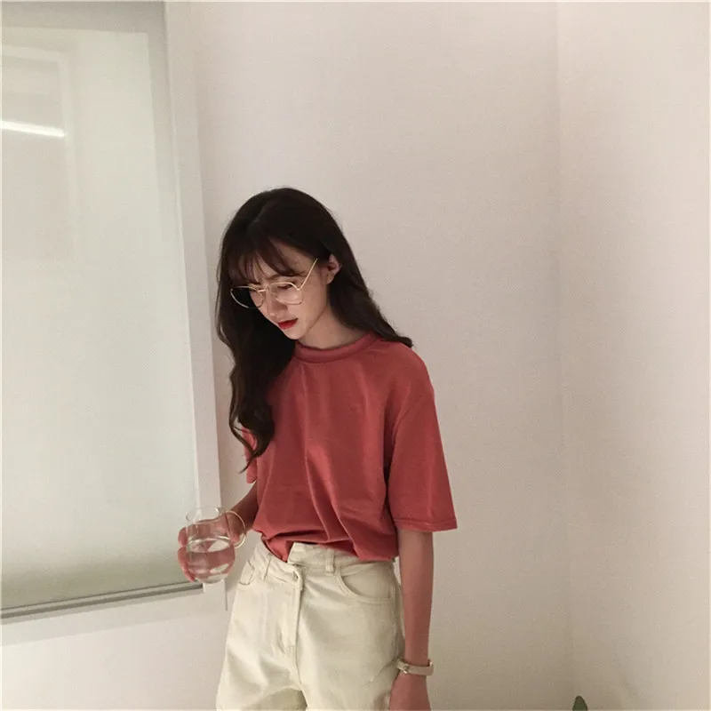 95% Cotton Candy Colors T Shirt Summer Women Loose Solid Tee Shirt Female Short Sleeve Tops Tees Causal O-Neck Basic T-shirt