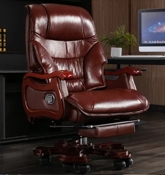 

Leather boss chair home business office chair reclining lift massage armchair solid wood swivel chair