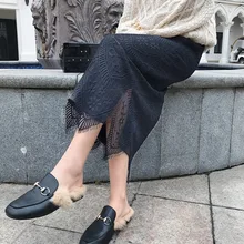 Knitted skirt in the long section stitching lace skirt Korean women's slim pack hip skirt two kinds of wearing