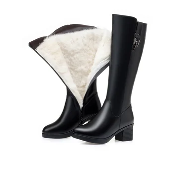 

Winter Fur Warm Boots Women Leather Side Zipper Knee High Boots Fashion Round Toe Snow Boots High Heel Platform Shoes Woman