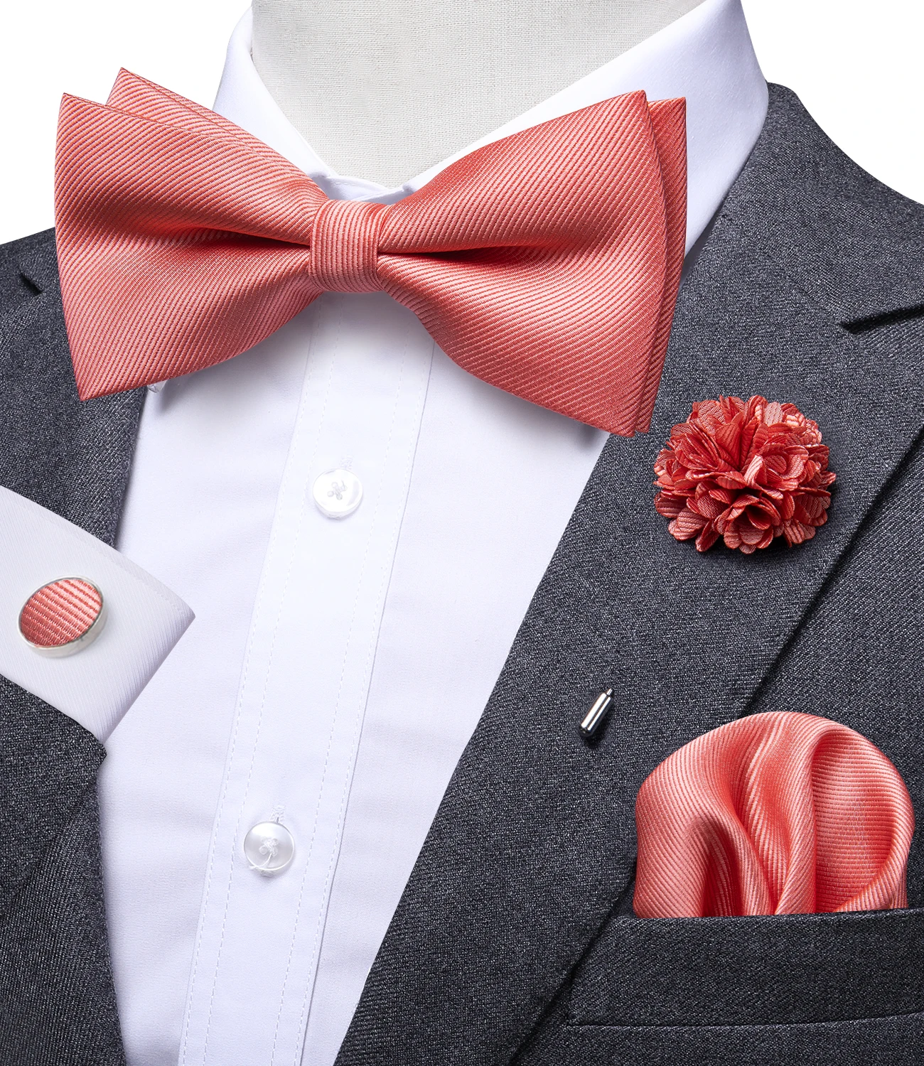 Hello Tie Mens Salmon Color Tie Set Necktie+Hanky+Cufflinks With Gift Box 