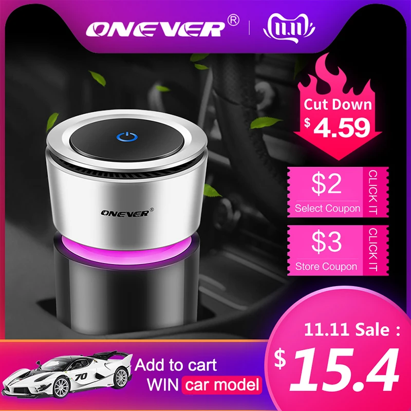 Onever Car Air Purifier 12V Negative Ions Air Cleaner Ionizer Air Freshener Auto Mist Maker Pm2.5 Eliminator Cup Car Charger