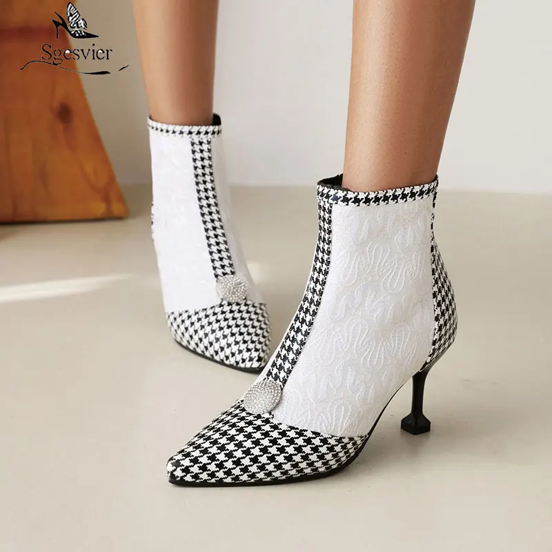 

Sgesvier Stiletto Thin High Heels Ankle Boots Women Plaid Houndstooth Mixed-color Pointed Toe Booties Ladies Shoes Large Size 48