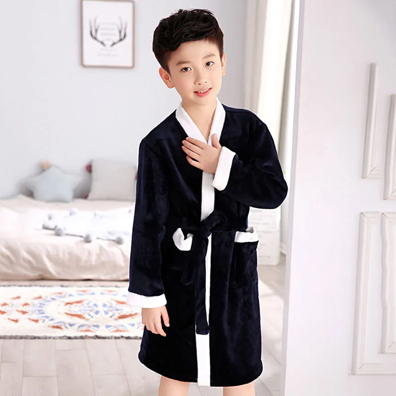 Dark blue Зимний детский банный халат, флисовые халаты для мальчиков, одноцветные пижамы для девочек, теплая детская пижама, банный халат для подростков, одежда для плавания - Цвет: Dark blue