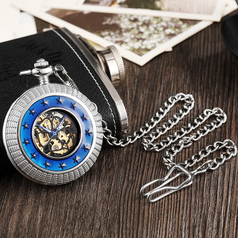 Silver Blue With Box Gorben синий стимпанк римские цифры Скелет Механические карманные часы ручной Ветер для мужчин и женщин часы с подвеской ожерелье цепь - Цвет: Silver Blue With Box