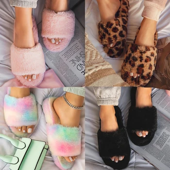 

Pantufas De Pelucia Feminina Peluche Spring Plush Slippers Pantoffels Dames Shoes Woman Leopard House Interior Slides Furry