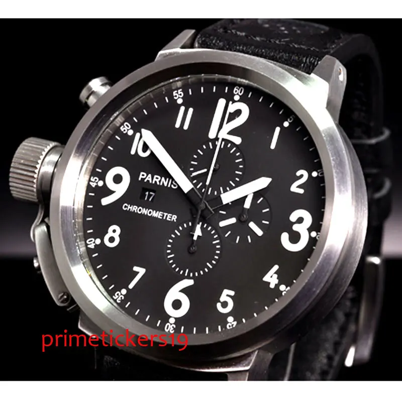

White marks quartz movement 50mm PARNIS black dial leather strap day date chronograph men's watch