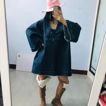 

SuperAen Original Streetwear Design Burr National Style Loose Denim Autumn Dresses Spring Knee-Length A Line Dress Women