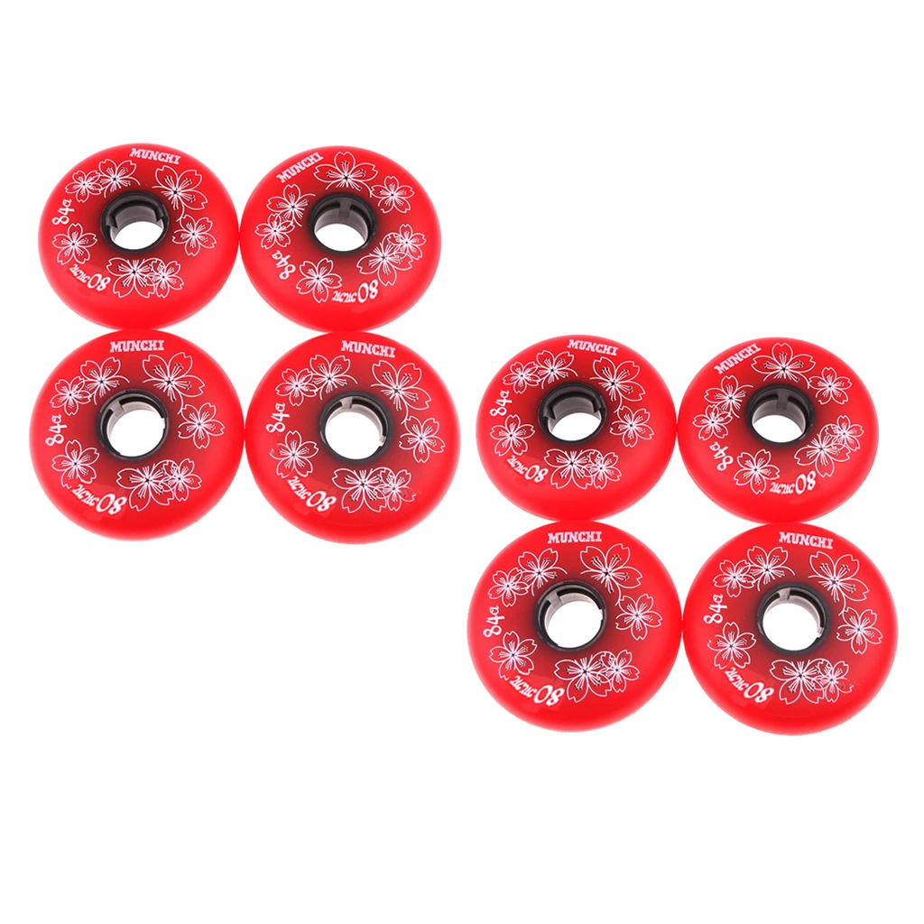 8 Pcs Professional Durable High Elasticity PU Replacement Wheels 80mm 84A for Inline Roller Hockey Skate Luggage Scooter Red