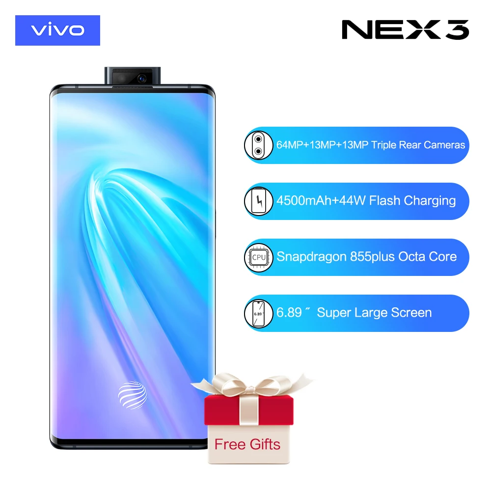 Vivo Nex3 5G Celular Snapdragon 855plus 4500mAh аккумулятор 44WFlash Charge6.89 ''Супер экран 64MP Тройная