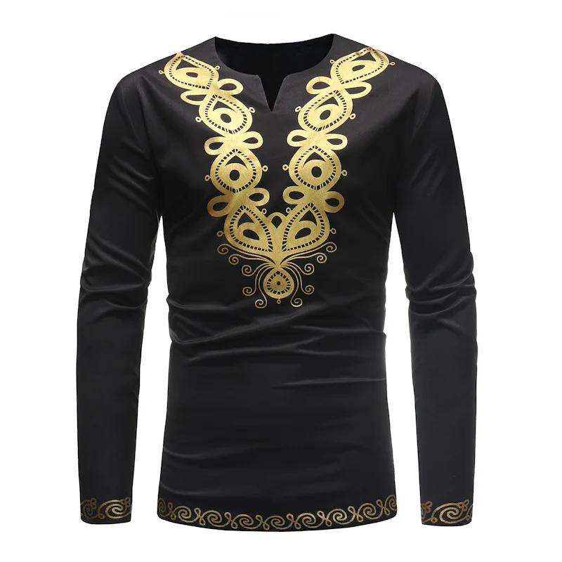 Pacinoble Mens African Dashiki Shirt Metallic Floral Printed Slim Fit Long Sleeve V Neck Shirts Blouse 