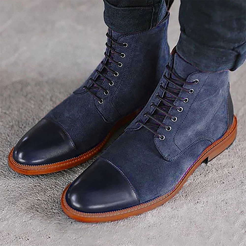 

Men Leather Formal Flat Shoes 2019 Winter Lace Up Formal Ankle Boots Male Faux Suede Patchwork Boots Man Solid Derby Shoes D20