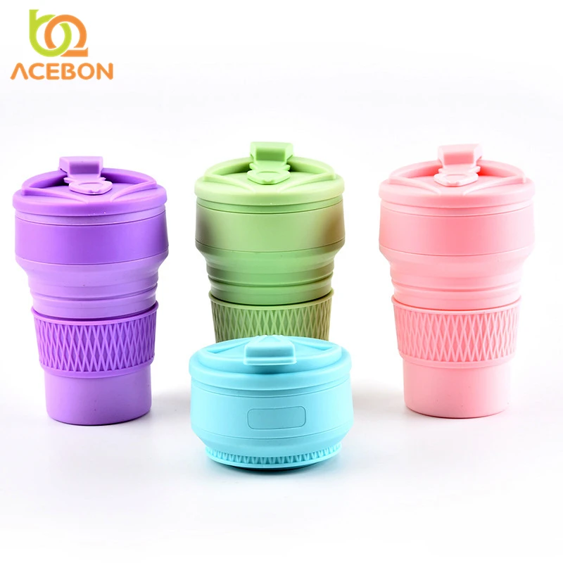 

350ml Folding Silicone 4 color Portable Silicone Telescopic Drinking Collapsible coffee cup folding silica cup with Lids Travel