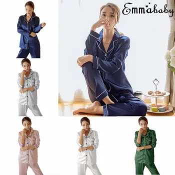 

Women Fashion Smooth Comfort Solid Button Top Pants Silk Satin Sleepwear Set Home Pajamas