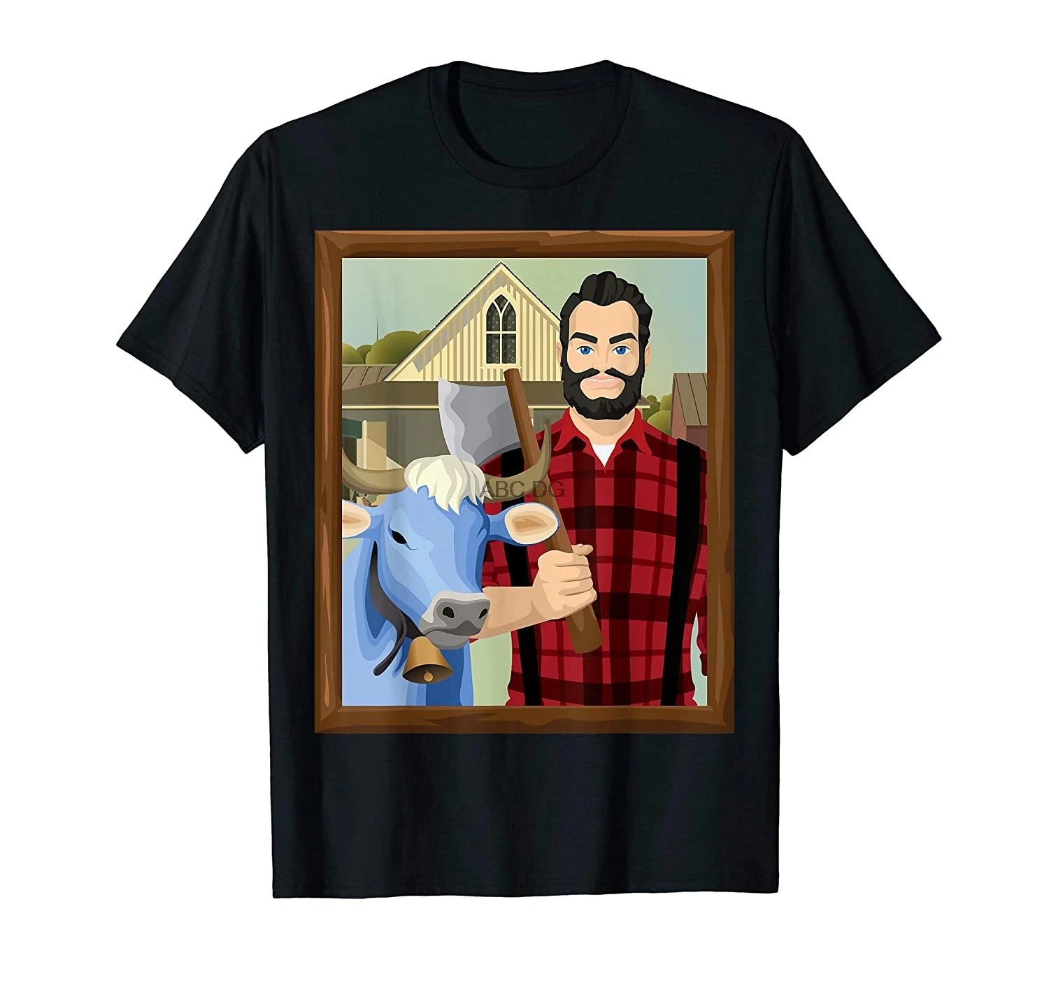 Американская Готическая пародия MN Paul Bunyan and baby Blue Ox футболка | Мужская одежда