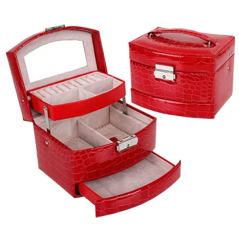 

Newly 3 Layers Jewelry Box With Drawers Necklace Jewelry Case With Lock And Key Makeup Mirror PU Leather New DO99