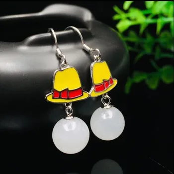 

925 Silver Natural Hetian White Jade Beads With Carved Yellow Hat Lucky Hook Earrings For Women Fine Jewelry Charm Gift