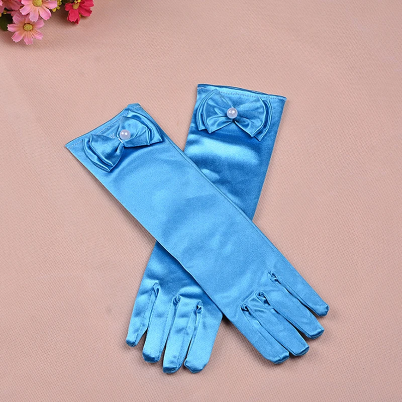 11 цветов, Вечерние перчатки для девочек, длинные перчатки принцессы, атласные перчатки с жемчужным бантом, подарок на день рождения, перчатки, варежки - Color: Blue