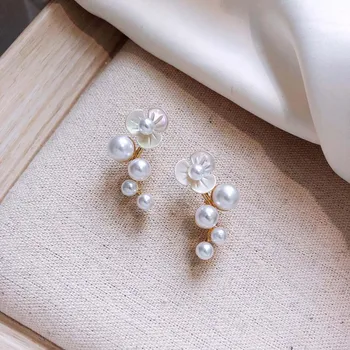 

New Fashion Crystal Earrings For Women Branch Shell Pearl Flower Stud Earrings Female Statement Ear Jewelry Gift Wholesale