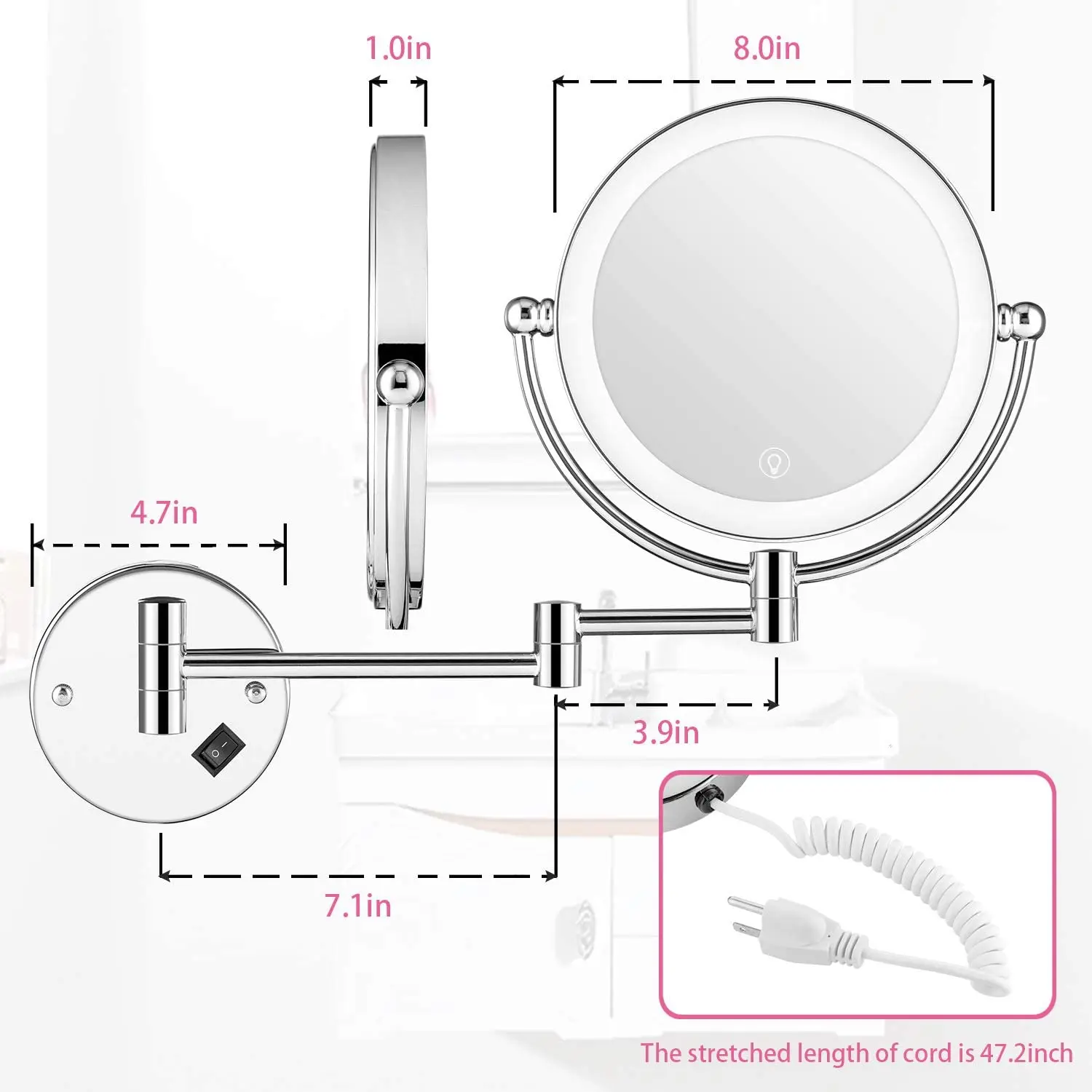 Wall Mount Makeup Vanity Mirror with LED Light 8'' Double Sided 5x Magnification Touch Button Stepless Adjustable Light
