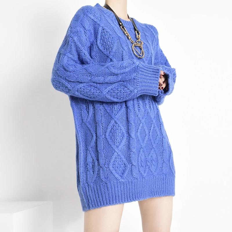 [EAM] Blue Big Size Knitting Sweater Loose Fit