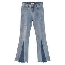 Осень Весна повседневные женские, с высокой талией Ptachwork рваные стрейч кисточкой расклешенные джинсы, осенние женские джинсовые брюки