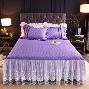 

Korean 100% Cotton Quilted Double Bedspreads Purple White Twin Full Queen King Lace Bedskirt Thick Bed Cover Set Pillow Covers