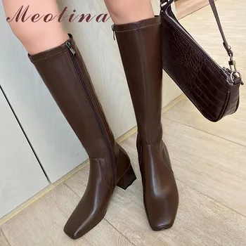

Meotina Genuine Leather High Heel Knee-High Boots Women Shoes Square Toe Chunky Heels Zipper Lady Long Boots Autumn Black White