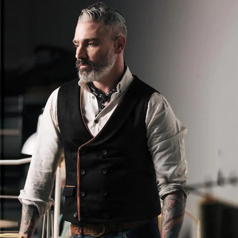 Men's Vantage Suit Vest Double-breasted Pockets Casual Style Suede Blend Solid color Slim Fit Tank For Old Men Retro4# | Мужская