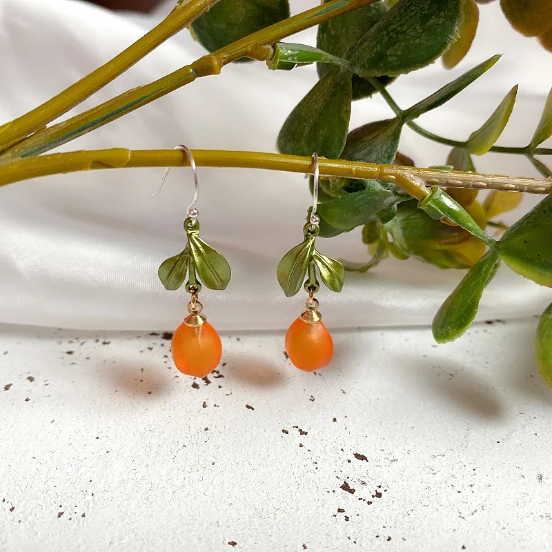 

2020 Novel Art Retro Pastoral Plant Glass Orange 925 Silver Needle Ear Drop for Women Personality Simple and Fine Jewelry Gifts