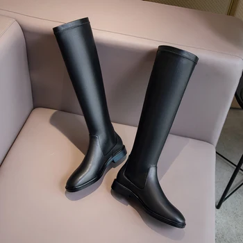 

Genuine Leather knee high boots Autumn Winter Shoes For Women square Toe low Heels boots Party Casual Shoes Woman
