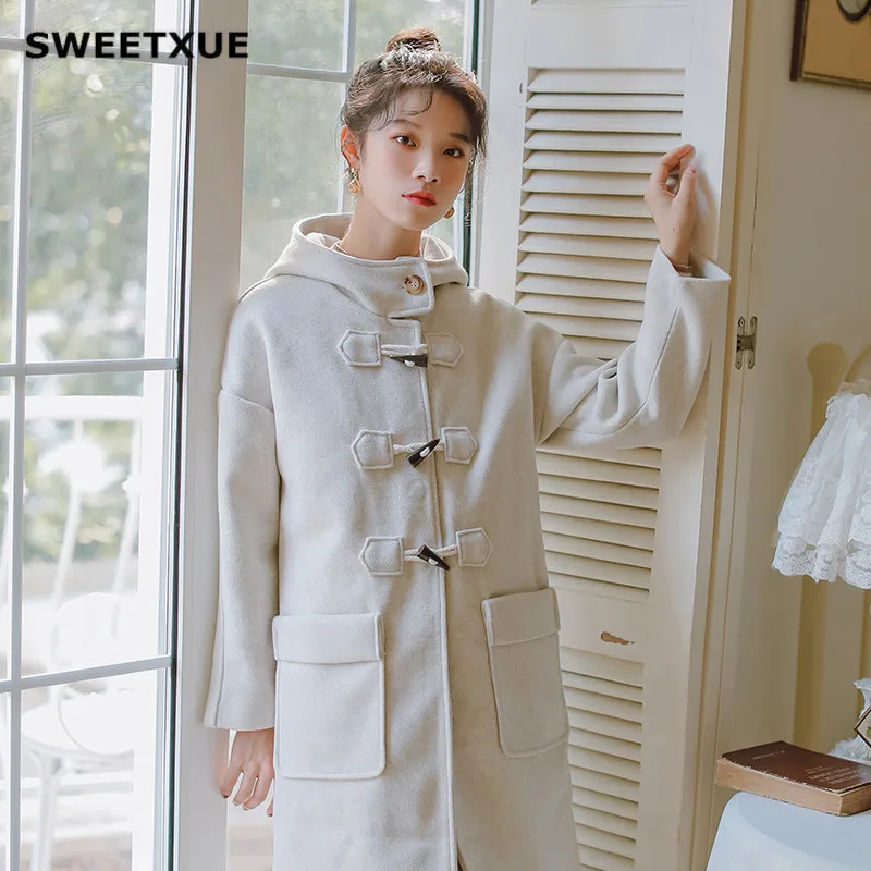 SWEETXUE корейские длинные зимние шерстяные пальто женские свободные теплые с капюшоном верхняя одежда элегантные с длинным рукавом Женские