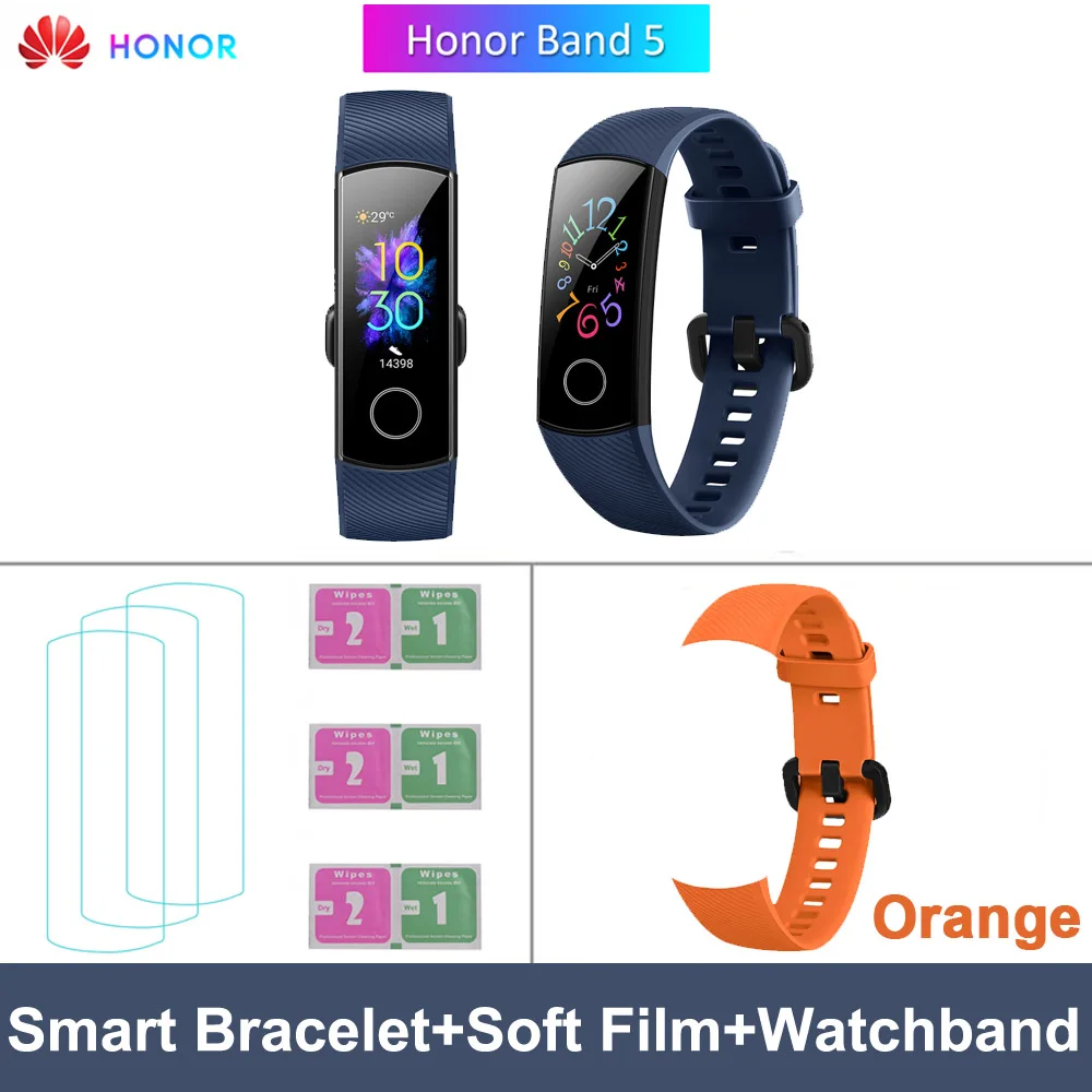 Blue Orange Strap HONOR Band 5 0,9" большой полноцветный AMOLED дисплей фитнес умный Браслет 240*120 пикселей 8 персонализированные часы лица - Цвет: Blue Orange Strap