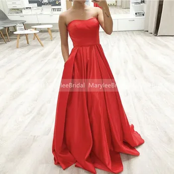 

Elegant A Line Red Prom Dresses With Pockets 2020 Long Simple Strapless Formal Prom Party Gowns Custom Girls Gala Evening Gowns