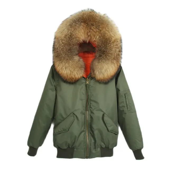 Fashion Bomber Jacket With Cotton Clip Army Green Outer Shell Autumn Winter Clothes For Men;Women Natural Raccoon Fur Trimming