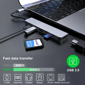 

6-in-1 Tablet Type C To HDMI 4K HD 87W PD Fast Charger USB Hub Docking Station USB Adapter Dock Station For PC Phone Tablets