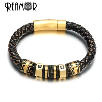 REAMOR Luxury Stainless Steel Black Zircon Gold Beads Charm Bracelets For Men Handmade Genuine Leather Braided Bangle Jewelry