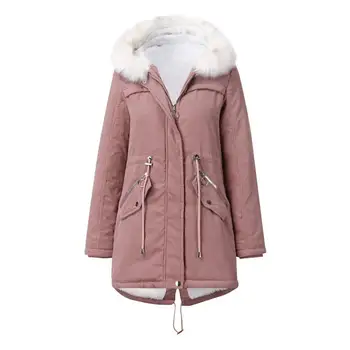

Women Winter Faux Fur Collar Hooded Warm Fleece Midi Coat Cotton Jacket Outwear