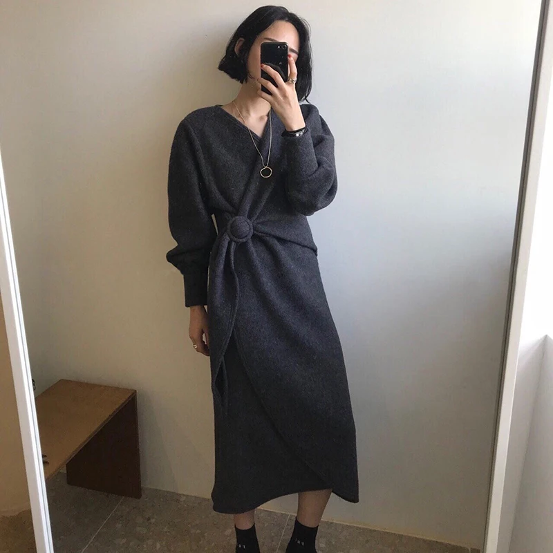 SHENGPALAE шикарное платье с v-образным вырезом и боковой петлей, тоньше, Vestidos, с высокой талией, с пряжкой, длинное шерстяное платье, женское платье, FV129 - Цвет: Dark grey