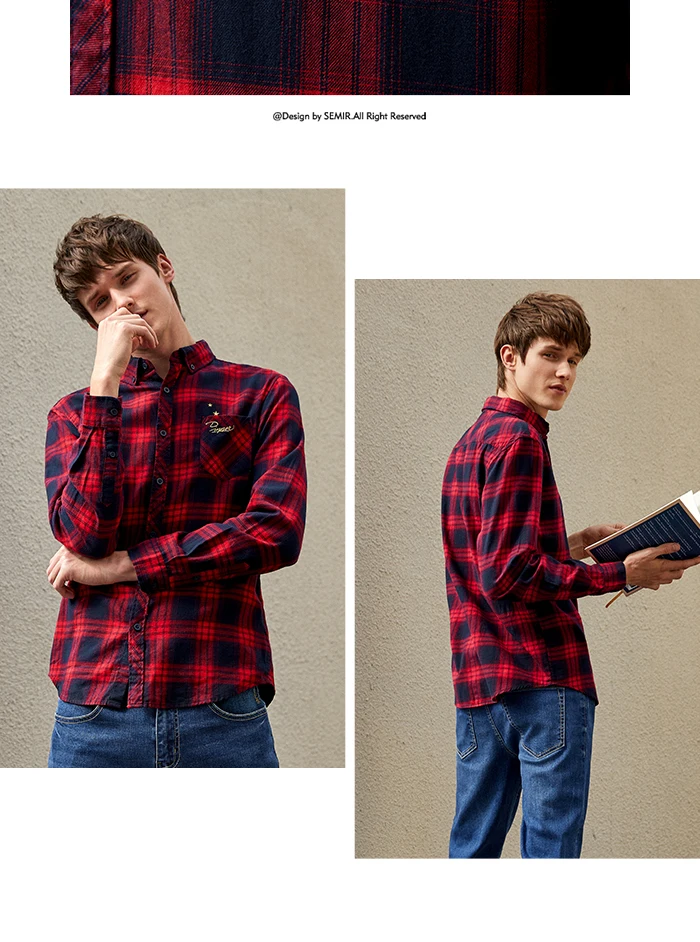 Semir модная Новая мужская рубашка с длинным рукавом корейская ретро хит цветная клетчатая одежда с вышивкой хлопковые рубашки