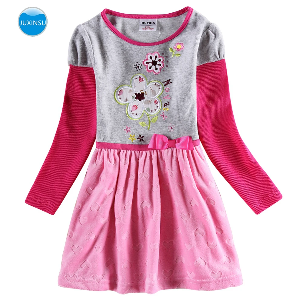 JUXINSU/платья с длинными рукавами для девочек плотные фланелевые цветы, вышивка, бант, осенне-зимнее Повседневное платье в форме сердца для девочек 2-6 лет