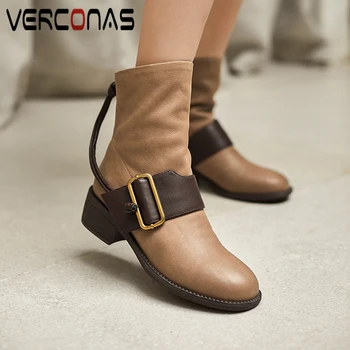 

VERCONAS Retro Casual Autumn Winter Female Ankle Boots Low Heels Shoes Woman Metal Decoration Back Zipper Genuine Leather Boots