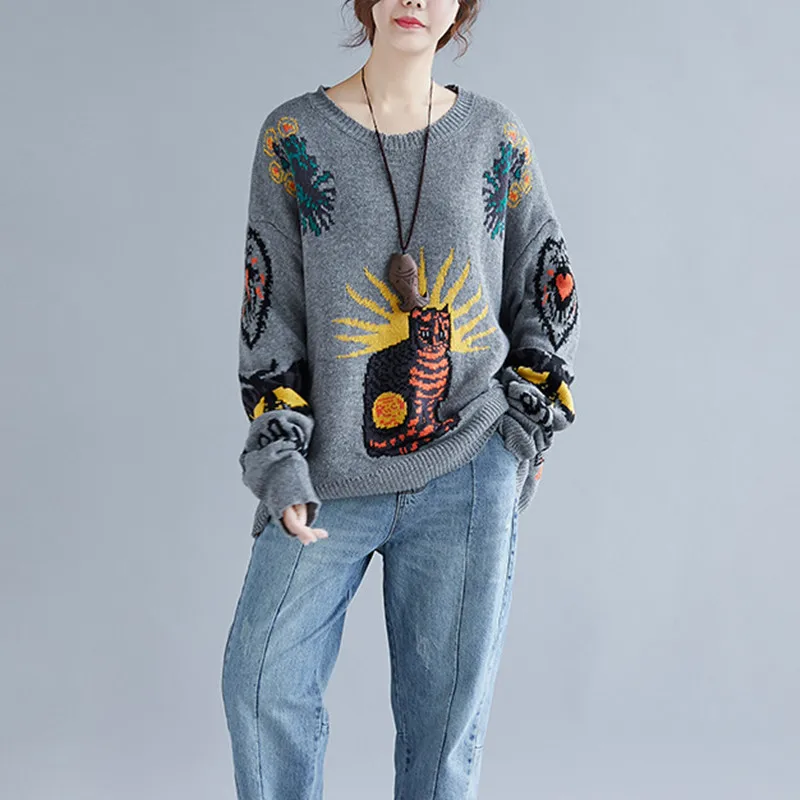 

Johnature Casual Simple Autumn Winter Warm Women Sweaters 2019 Knitting Embroidery Loose All Match O-neck Full Sleeve Sweaters