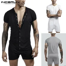 INCERUN Fashion Men Pajamas Playsuit Sleepwear Jumpsuit Breathable Button Short Sleeve Slim Solid 2021 Men Romper Homewear S-5XL