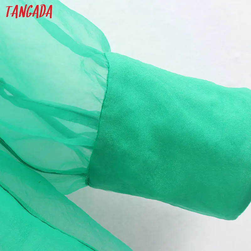  Tangada women chic green transparent blouse buttons long sleeve female mesh shirts stylish ladies t