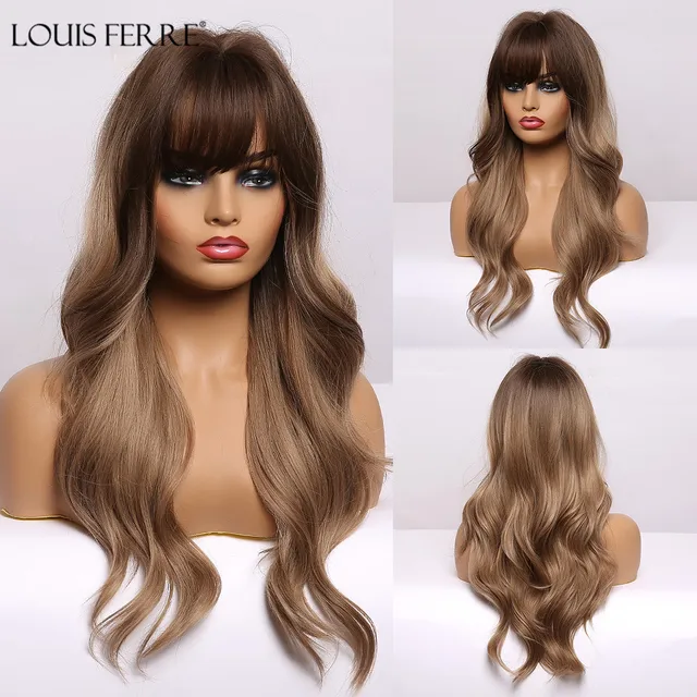 LOUIS FERRE Highlight Colored Wig for Women Long Wave Brown Blonde Ombre Bob Hair Wig with Bangs Daily Heat Resistant Fibre wig lc226-4